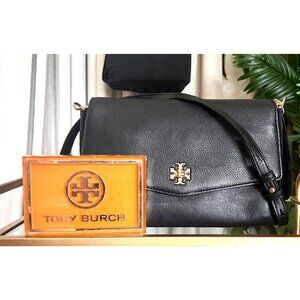 Tory Burch Black Leather and Suede Kira Handbag With Gold Logo Accents & Adjusta